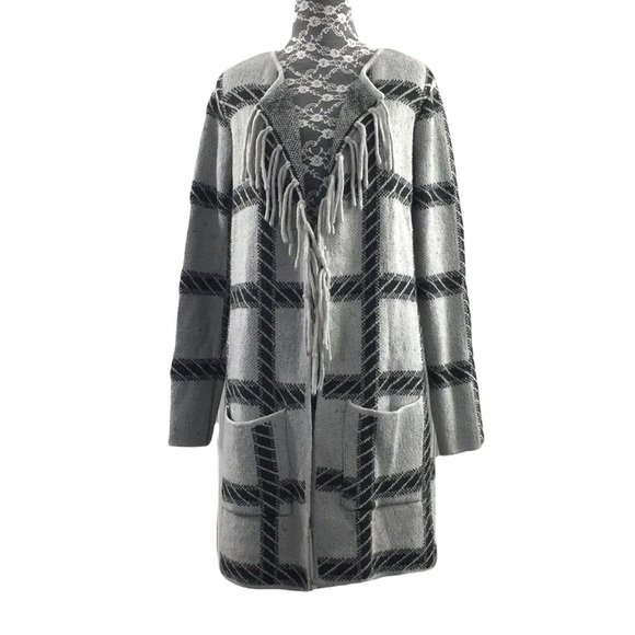 Adrienne Vittadini Black Gray Longline Cardigan Womens Medium Windowpane Plaid - Picture 1 of 10